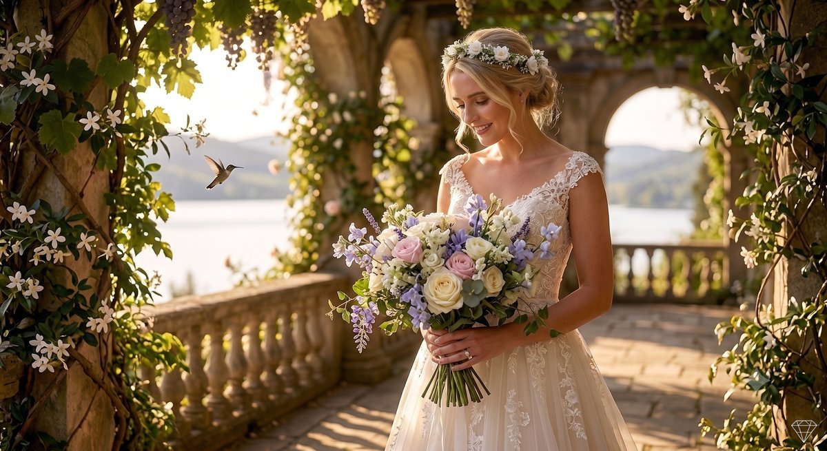 Bride on a sunlit balcony holding a lavender and ivory bouquet