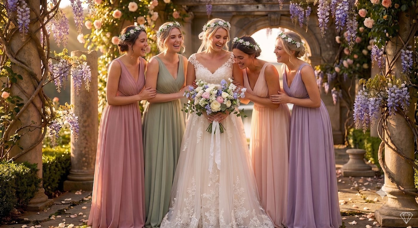 Bridesmaids in mixed pastel dresses laughing together in a garden