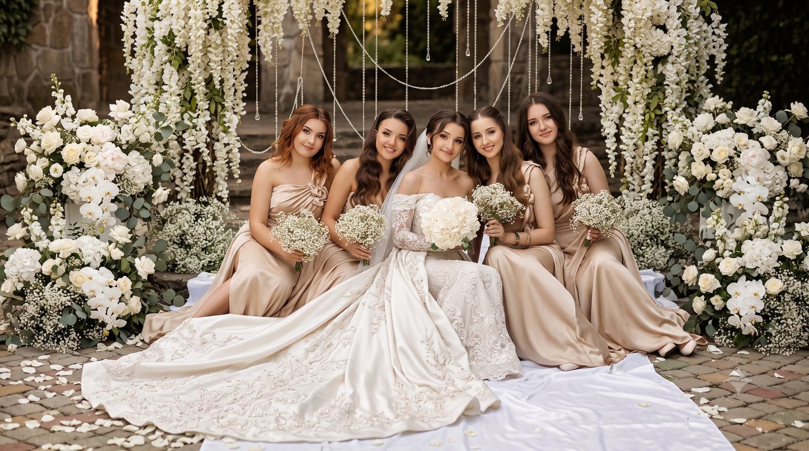 Bride seated with four bridesmaids in champagne gowns beneath a floral and crystal arch, holding white bouquets