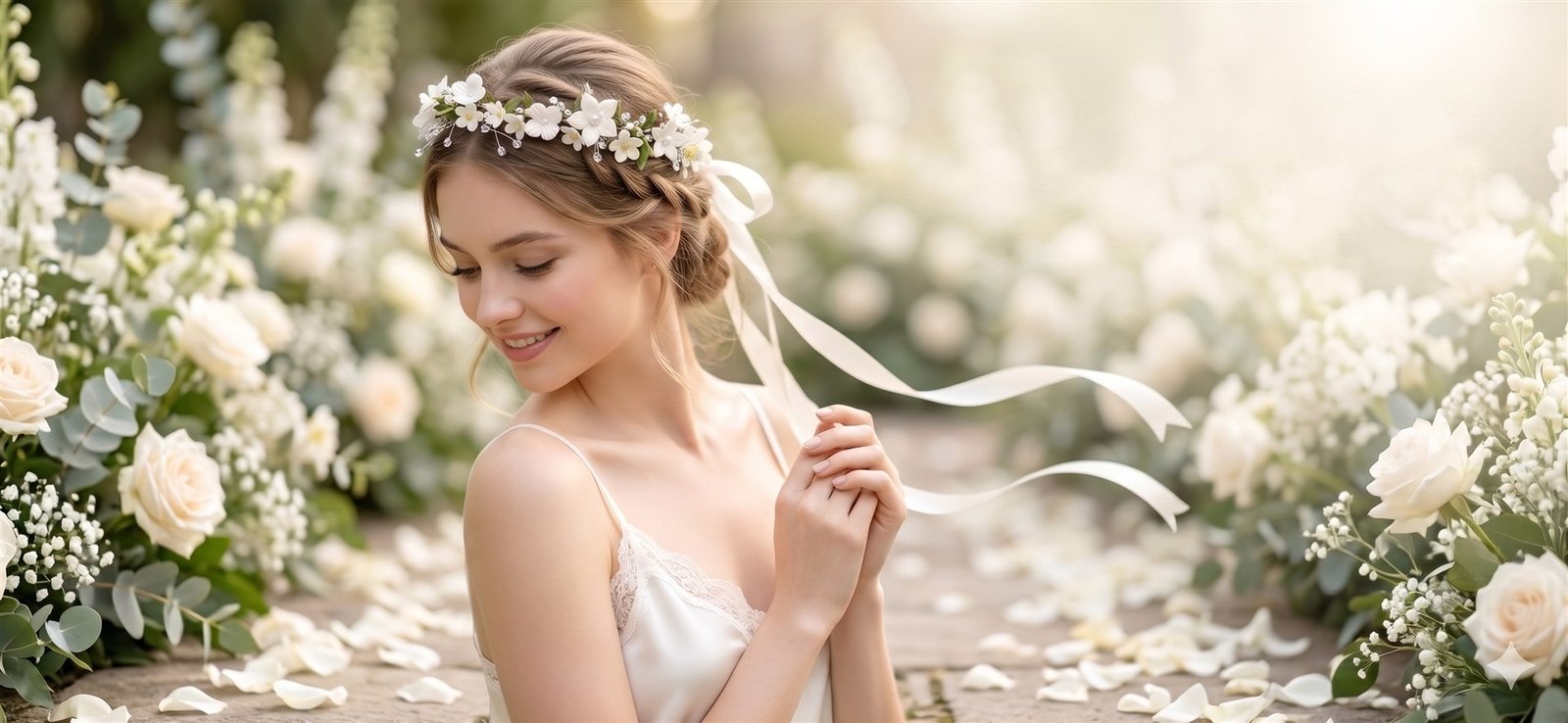 Bride smiling in a garden, wearing a delicate floral crown with a flowing silk ribbon