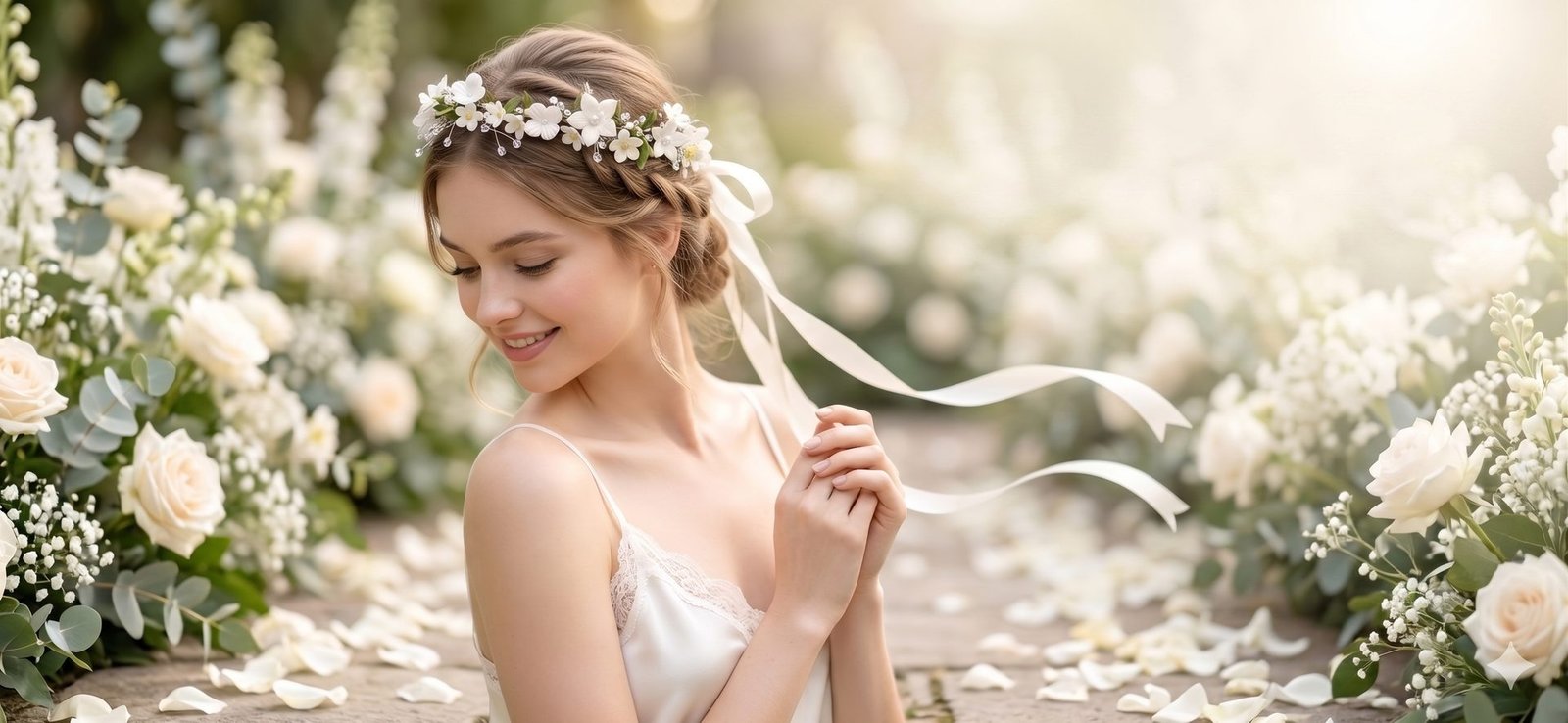 Bride smiling among ivory roses, wearing a delicate pearl and floral crown with flowing ribbon