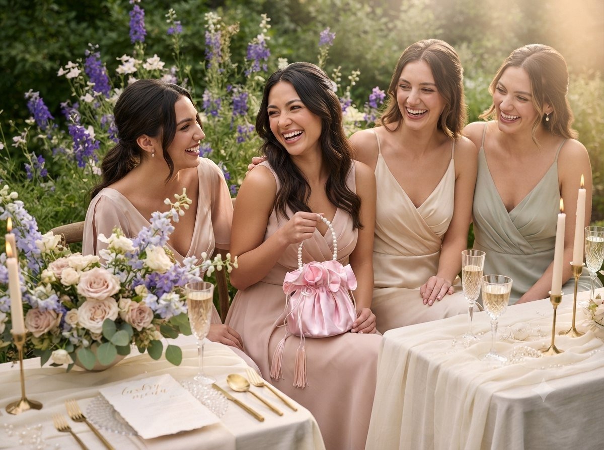 Bridesmaids in champagne and sage gowns laughing together at a garden reception table
