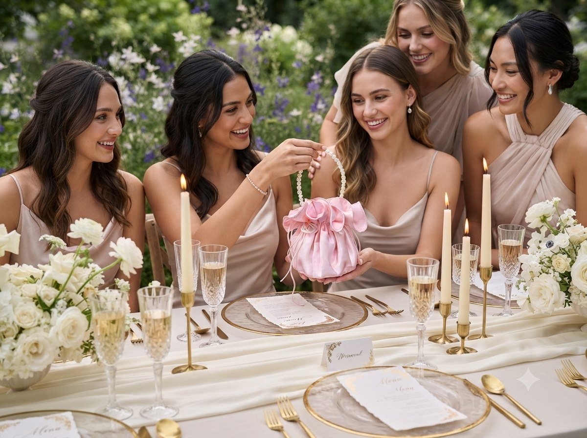 Bridesmaids at a garden table smiling as one holds up a pink satin pearl-handle pouch