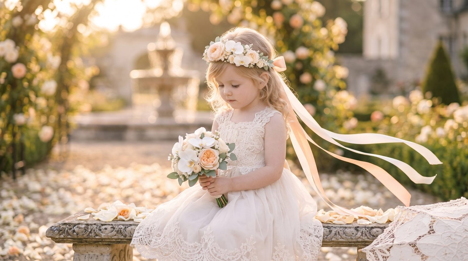 Flower girl in a lace dress sitting on a garden bench, wearing a peach floral crown with flowing ribbons