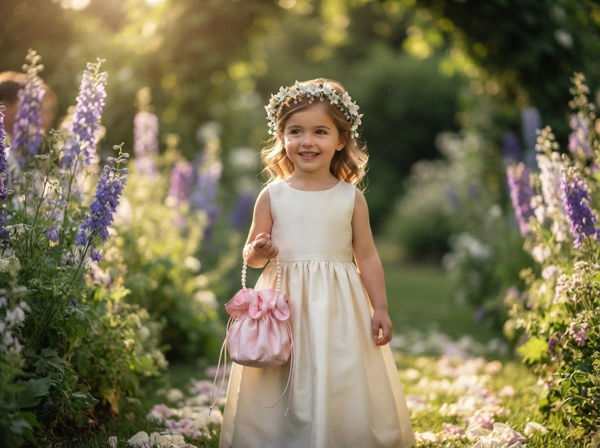 Flower girl in an ivory dress and floral crown carrying a pink pearl-handle pouch through a garden path
