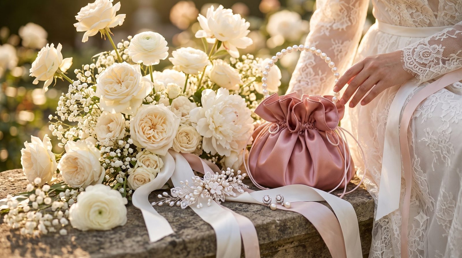 Close-up of a rose satin pearl-handle pouch resting beside ivory garden roses and bridal hair pins